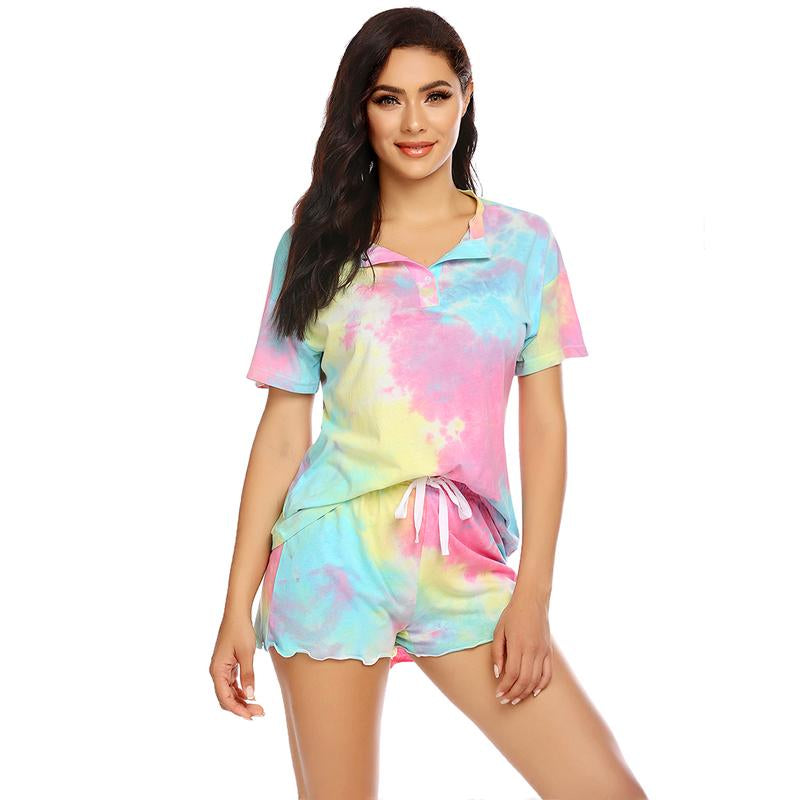 Ekouaer Tie Dye Pajamas Set Womens Loungewear Sleepwear 2 Piece PJ Sets Soft Womenswear Elastic Chic Comfy Casual Crewneck Fits Short Sleeve Jersey Light Drawstring Anniversary Bridal Dress Ladies Party Suit