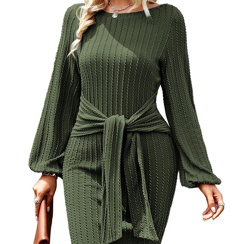 HOTOUCH 2025 Fall New Arrivals Women'S Casual Knit Dress Long Lantern Sleeve Fall Bodycon Dress Crewneck Tie Waist Rib Knitted Sweater Dresses