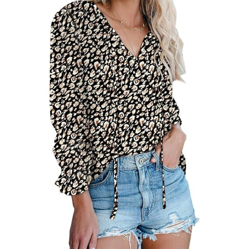 Dokotoo Women'S Casual Boho Floral Printed V Neck Tops Drawstring Short Long Sleeve T Shirt Blouses