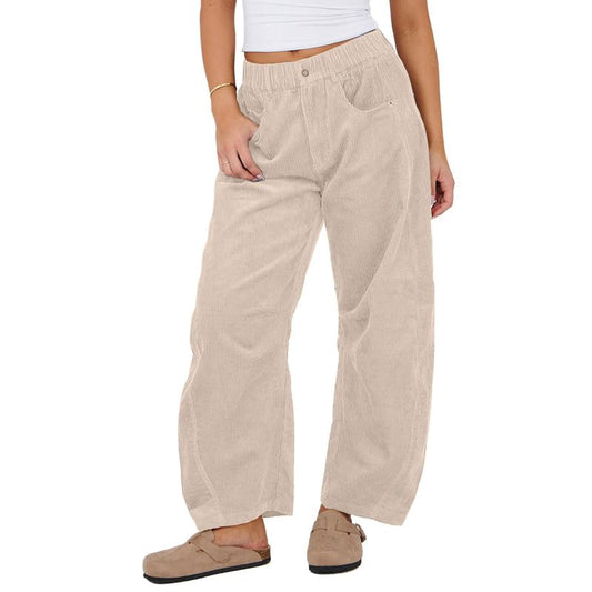 Naeduo Women'S Corduroy Pants Barrel Mid-Rise Elastic Waist Cord Pants Casual Wide Leg Baggy Trouser with Pockets