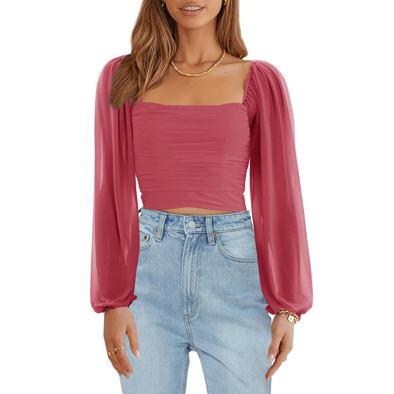 Tankaneo Women'S Summer Mesh Long Sleeve Tops Square Neck Ruched Party Club Casual Crop Blouse Shirt RP5408