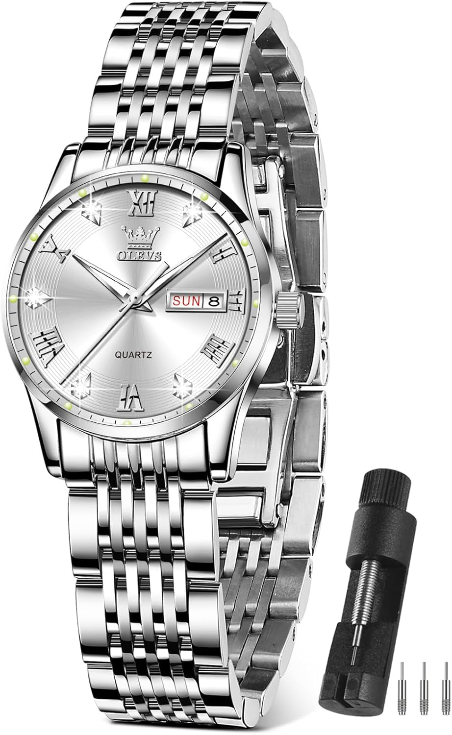 Women Watches Date and Day,Ladies Watches with Silver Gold Stainless Steel,Elegent Female for Small Wrist Watch(White/Black/Blue/Gold Face)