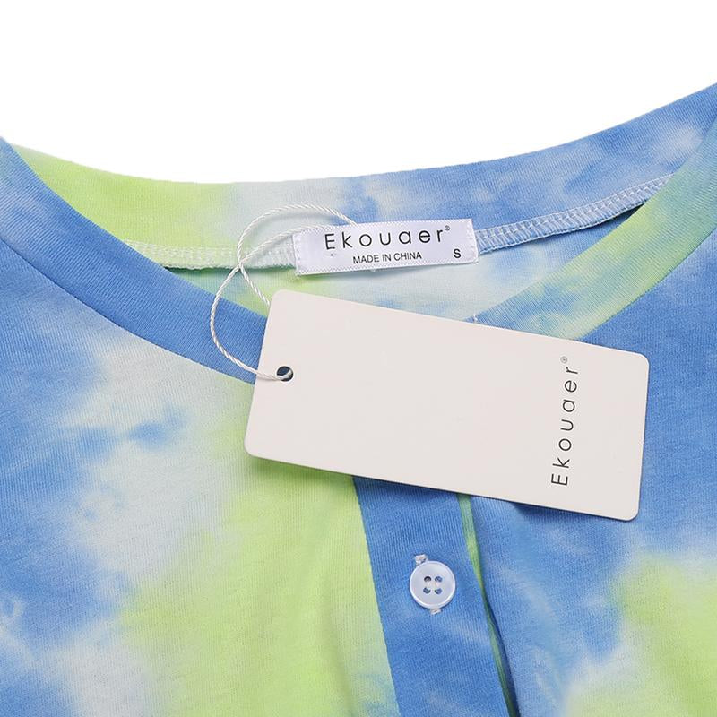 Ekouaer Tie Dye Pajamas Set Womens Loungewear Sleepwear 2 Piece PJ Sets Soft Womenswear Elastic Chic Comfy Casual Crewneck Fits Short Sleeve Jersey Light Drawstring Anniversary Bridal Dress Ladies Party Suit