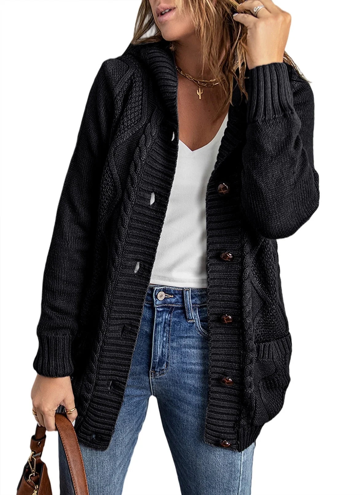 Hooded Cardigan Sweaters for Women Long Sleeve Button down Knit Sweater Coat Outwear with Pockets