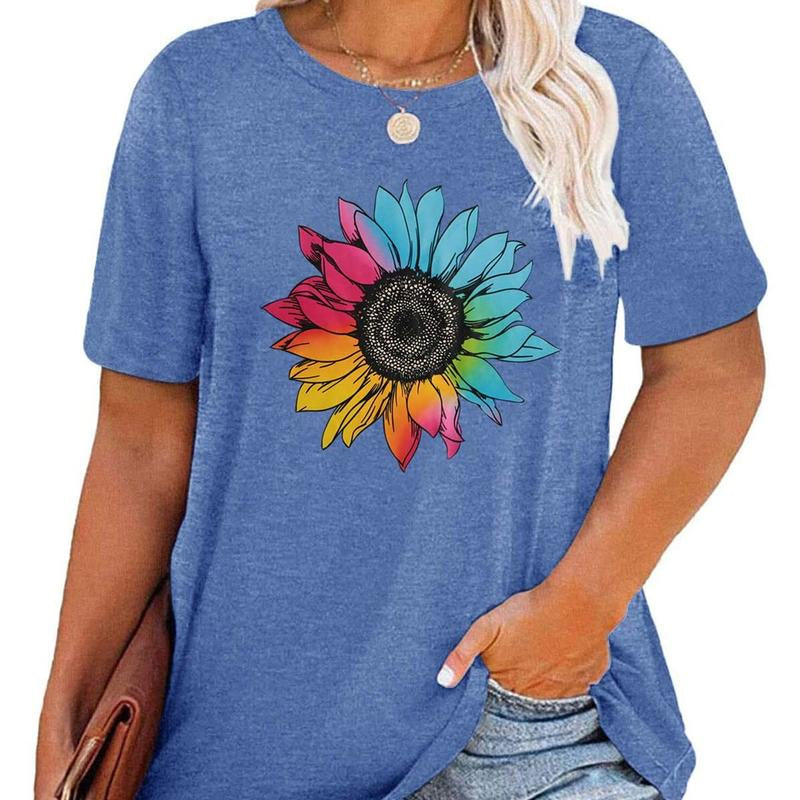 Womens plus Size Tops Casual Daisy Graphic T Shirts Short Sleeve Loose Summer Blouse