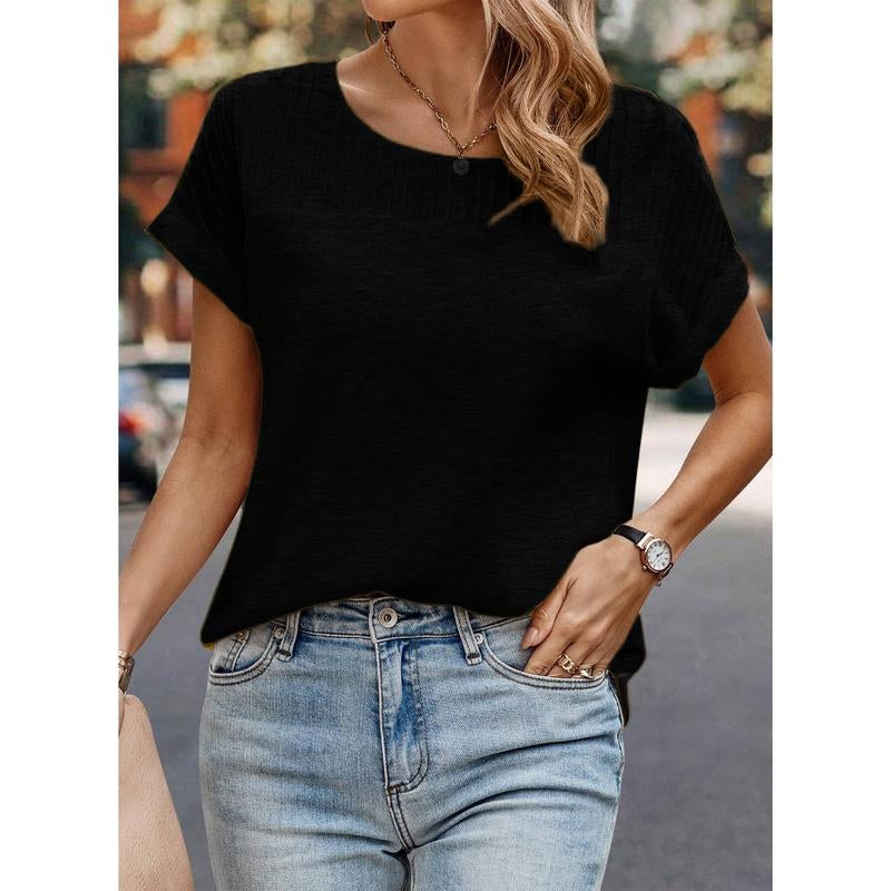 Dokotoo Womens Tops Trendy Crewneck Short Sleeve Summer T Shirts Casual Solid Loose Basic Pleated Blouses