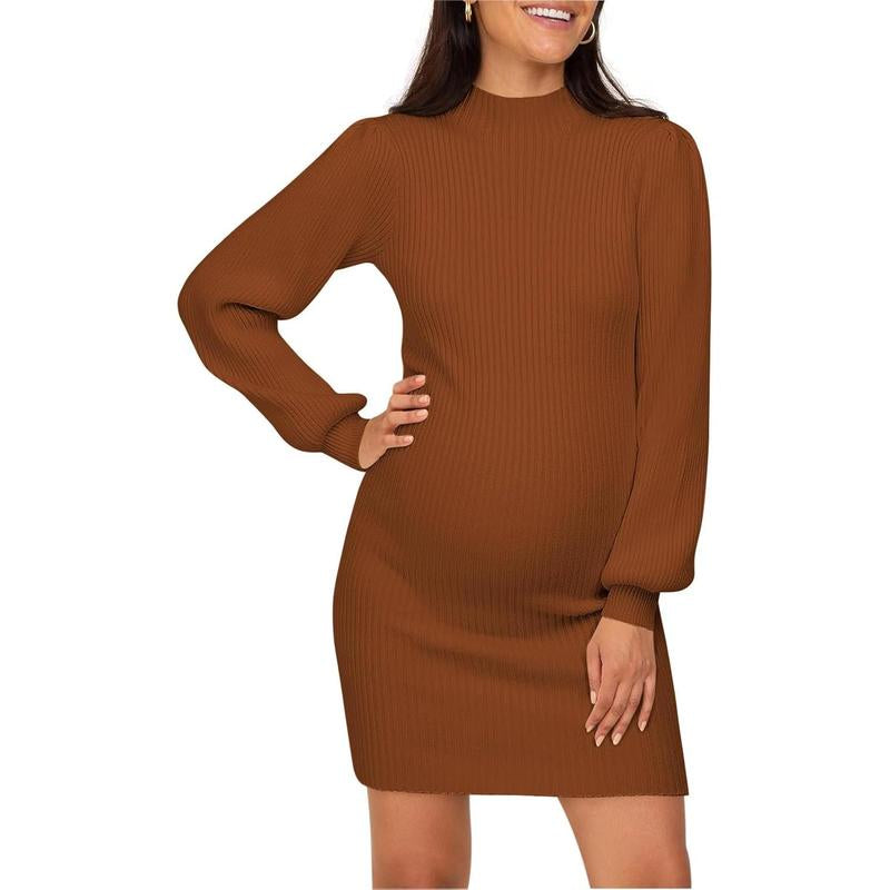Wenrine Maternity Sweater Dress for Pregnant Women Turtleneck Puff Sleeve Knit Slim Fit Bodycon Mini Dress
