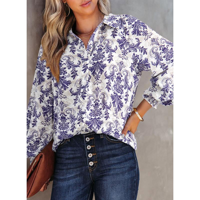Dokotoo Women'S Casual V Neck Allover Floral Print Long Sleeve Chiffon Button down Blouses Bohemian Top Shirts