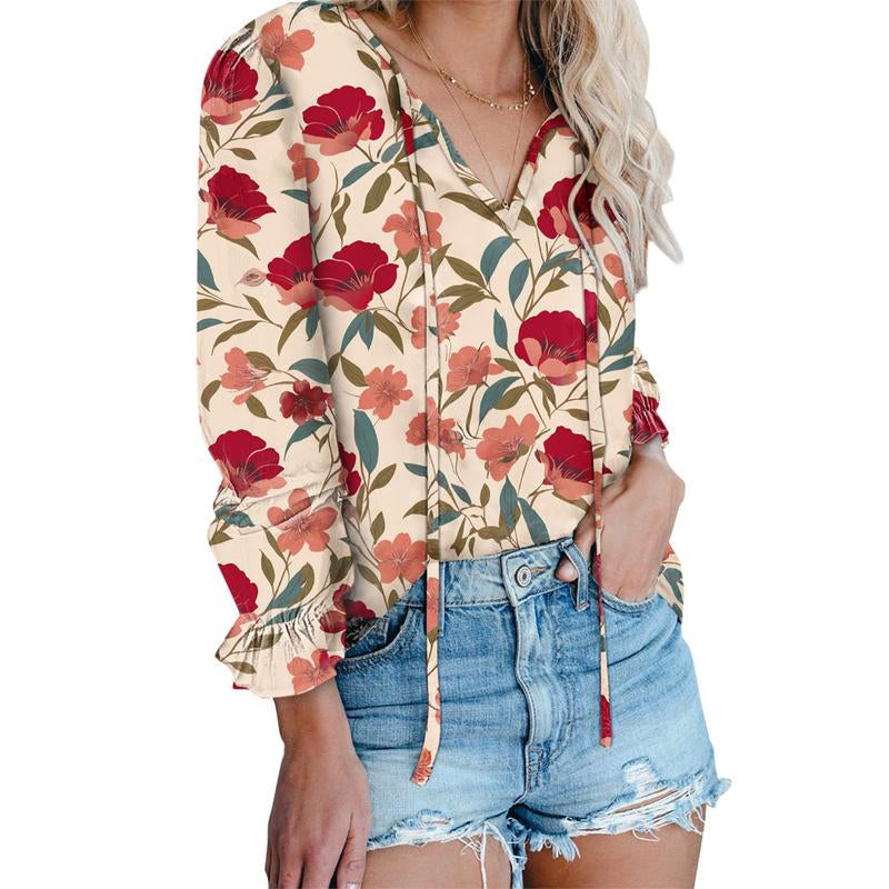 Dokotoo Women'S Casual Boho Floral Printed V Neck Tops Drawstring Short Long Sleeve T Shirt Blouses