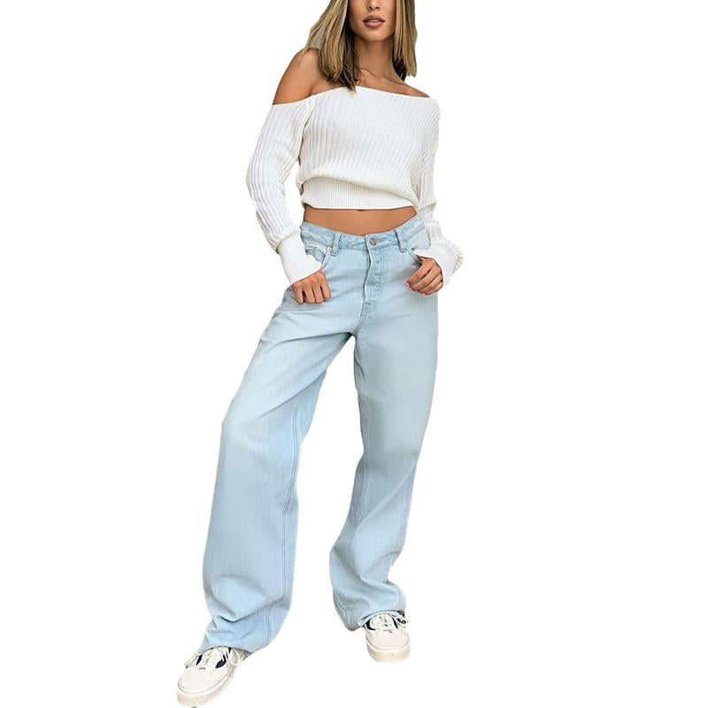 2022 New Style Women´S Casual Loose Jeans Breathable Wide-Leg Pants with Pockets Summer Spring Fashion Denim Long Trouser