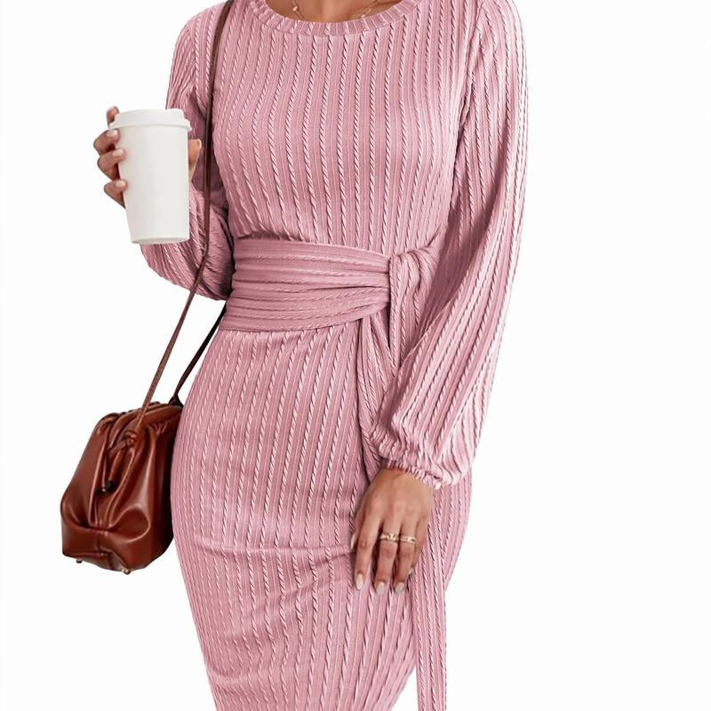ZEAGOO Christmas Women'S Casual Knit Dress Long Lantern Sleeve Fall Bodycon Dress Crewneck Tie Waist Rib Knitted Sweater Dresses