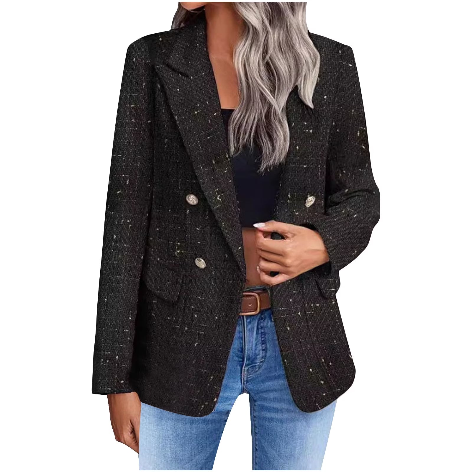 Women'S Blazers Tweed Plaid Blazer Jacket Fashion Business Casual Lapel Elegant Coat with Pockets (Beige,S)