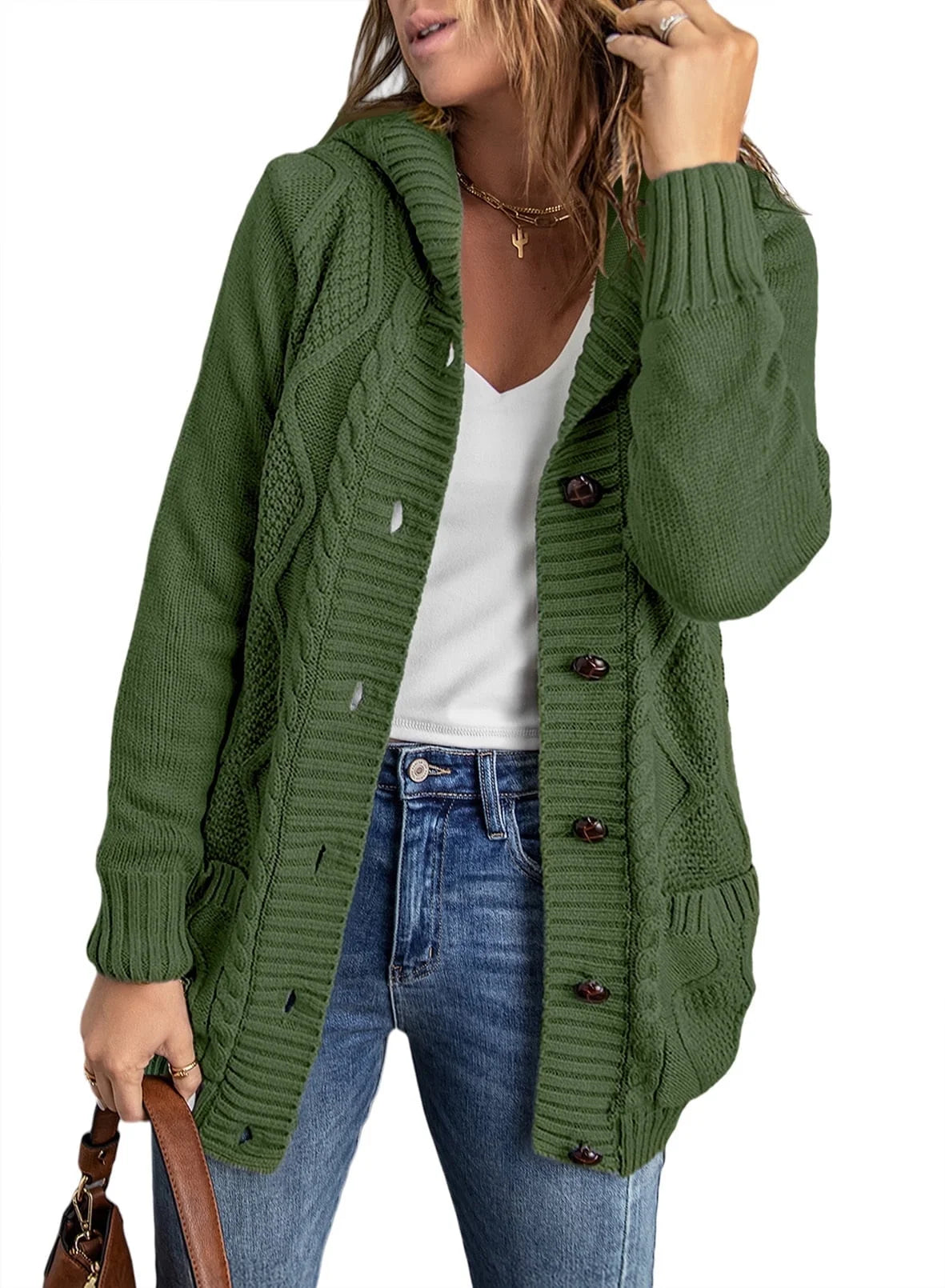 Hooded Cardigan Sweaters for Women Long Sleeve Button down Knit Sweater Coat Outwear with Pockets