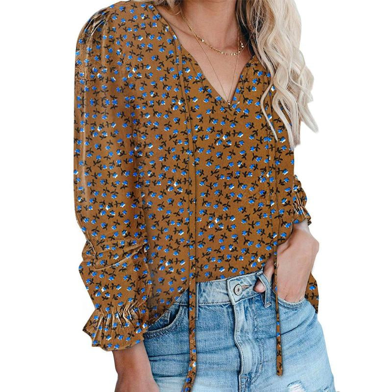 Dokotoo Women'S Casual Boho Floral Printed V Neck Tops Drawstring Short Long Sleeve T Shirt Blouses