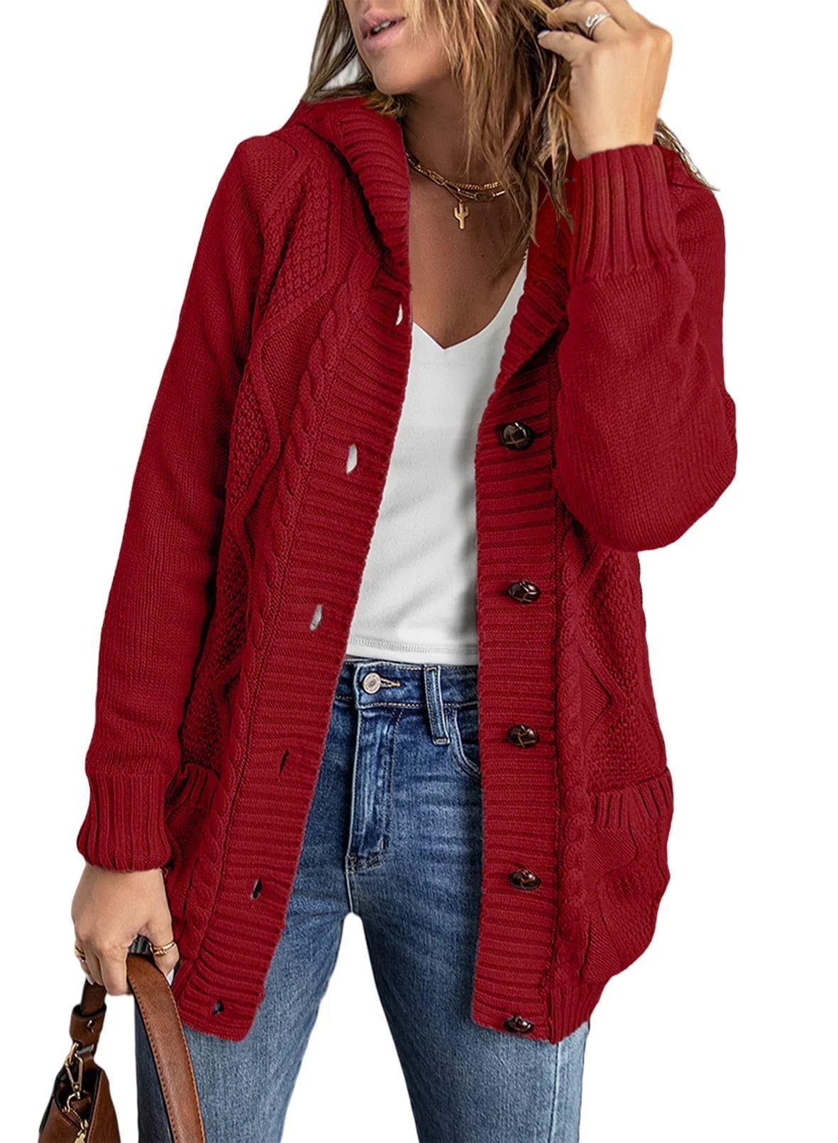 Hooded Cardigan Sweaters for Women Long Sleeve Button down Knit Sweater Coat Outwear with Pockets
