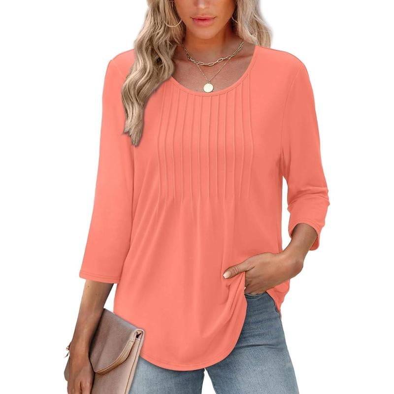 WIHOLL 3/4 Length Sleeve Womens Tops 2025 Crewneck Casual Pleated Tunic Tops Loose Fit Shirts Blouses Curved Hem