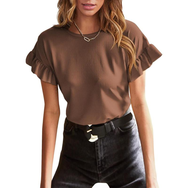 EVALESS Womens Short Sleeve Casual Camisole T Shirts Summer Ruffle Plain Crewneck Knitter Comfort Loose Fitted Basic Tee Tops Womenswear