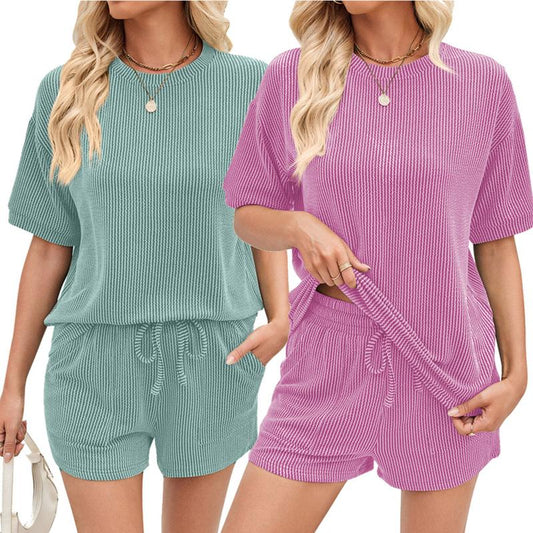 Two Piece Set Summer Lounge Tracksuit Outfits Shorts and Short Sleeve Tops Knitted Clothes