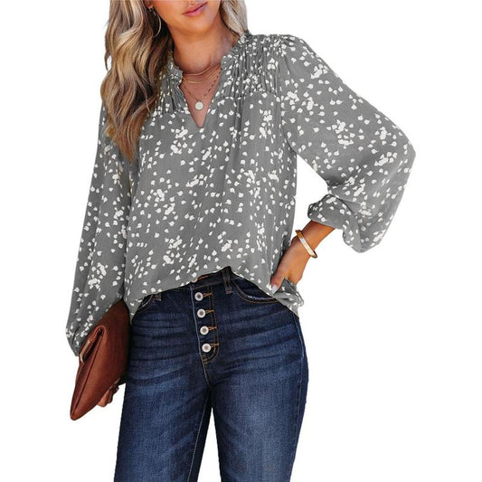 Dokotoo Women'S Casual V Neck Alicia Floral Print Smocked Long Sleeve Chiffon Blouses Bohemian Top Shirts