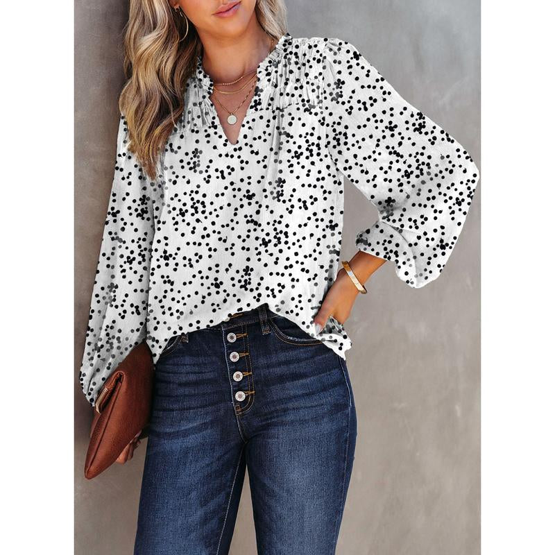 Dokotoo Women'S Casual V Neck Alicia Floral Print Smocked Long Sleeve Chiffon Blouses Bohemian Top Shirts