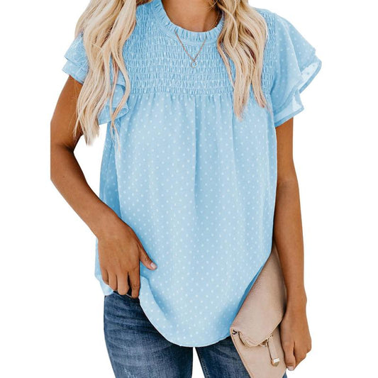 Dokotoo Womens Crewneck Lace Crochet Pom Pom Flowy Short Sleeve Casual Shirts Blouses Tops Summer Fit Denim Fashion Women'S Summer Outfits