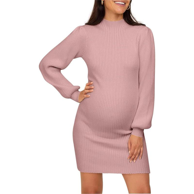 Wenrine Maternity Sweater Dress for Pregnant Women Turtleneck Puff Sleeve Knit Slim Fit Bodycon Mini Dress