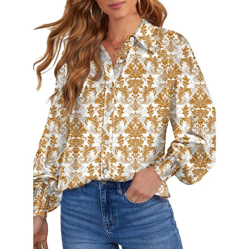 Dokotoo Women'S Casual V Neck Allover Floral Print Long Sleeve Chiffon Button down Blouses Bohemian Top Shirts