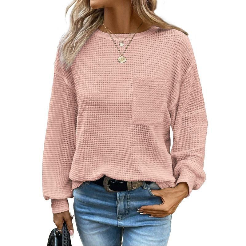 Dokotoo Womens Tops 2025 Oversized Long Sleeve Crewneck Waffle Knit Shirts Business Casual Blouses Basic Shirts Clothes Elegant