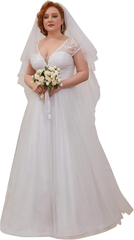 Womens Elegant Lace Cap Sleeve a Line Bridal Dress White US16