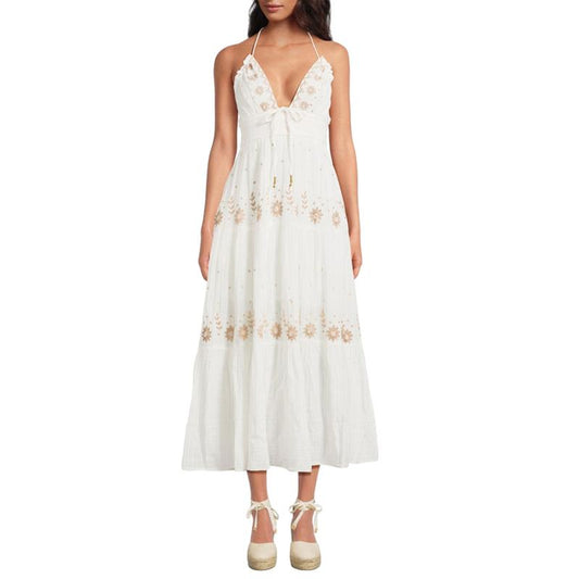 Embroidered Boho Maxi Dress for Women Spaghetti Strap Open Back Embroidered Tiered Swing Summer Long Dress Y2K Vacation Sundress