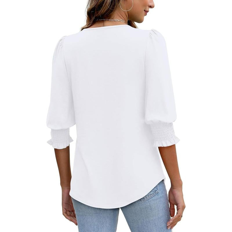 WIHOLL Blouses for Women Dressy Casual 3/4 Length Sleeve Womens Tops with Smocked Cuffs