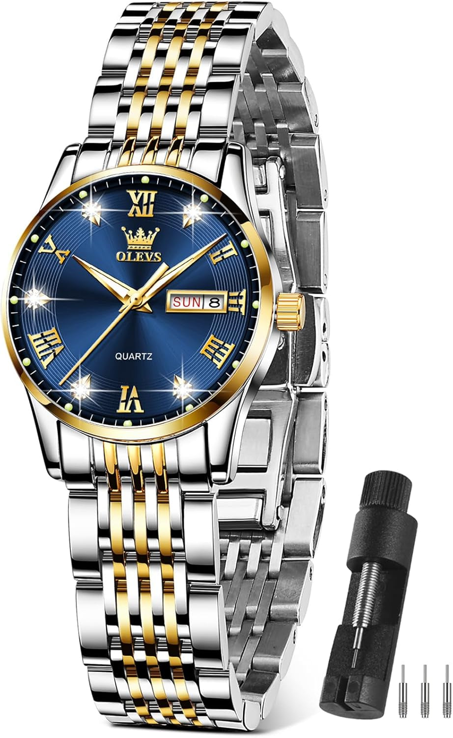 Women Watches Date and Day,Ladies Watches with Silver Gold Stainless Steel,Elegent Female for Small Wrist Watch(White/Black/Blue/Gold Face)