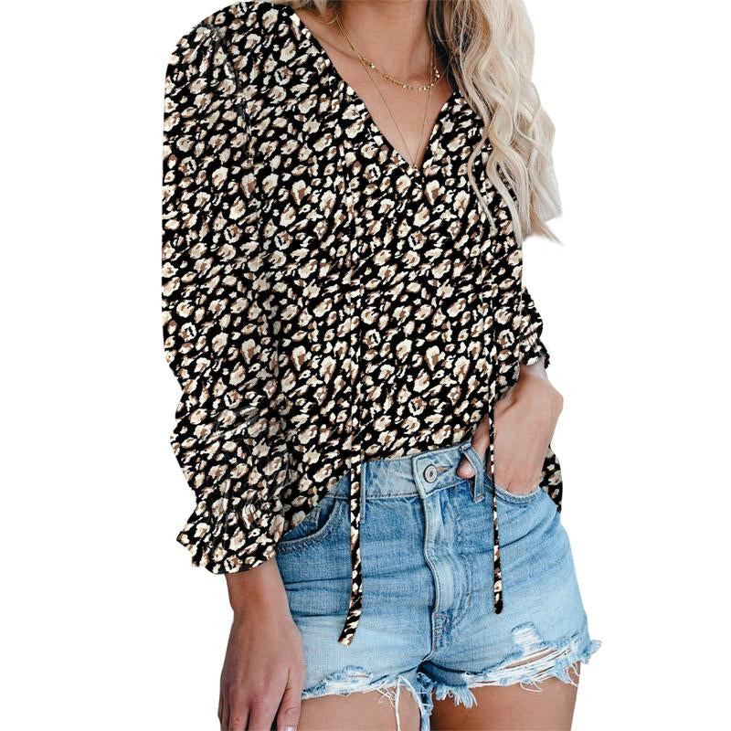 Dokotoo Women'S Casual Boho Floral Printed V Neck Tops Drawstring Short Long Sleeve T Shirt Blouses