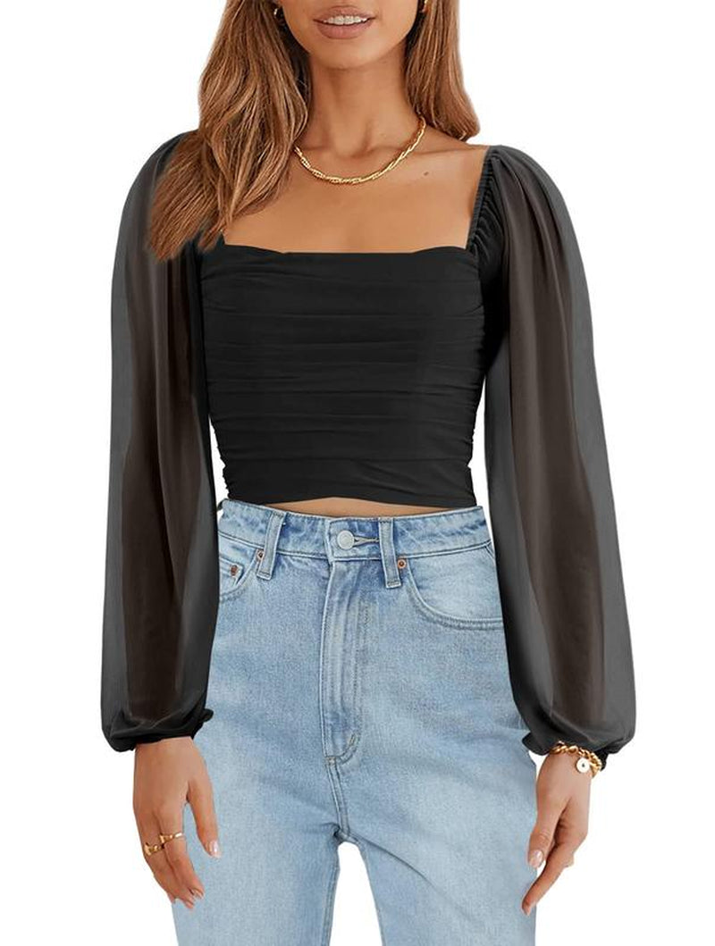 Tankaneo Women'S Summer Mesh Long Sleeve Tops Square Neck Ruched Party Club Casual Crop Blouse Shirt RP5408