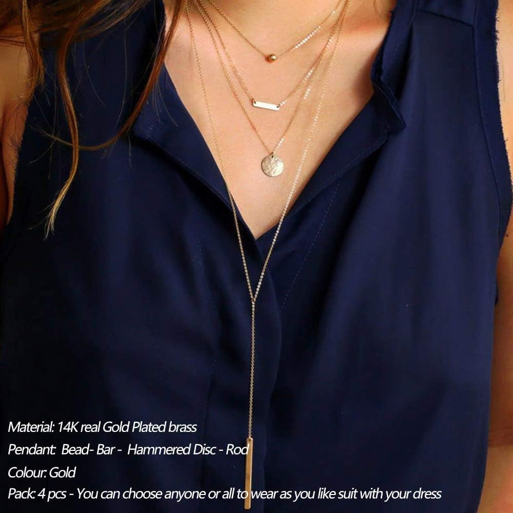 Dainty Layered Choker Necklace, Handmade 14K Gold Plated Y Pendant Necklace Multilayer Bar Disc Necklace Adjustable Layering Choker Necklaces for Women