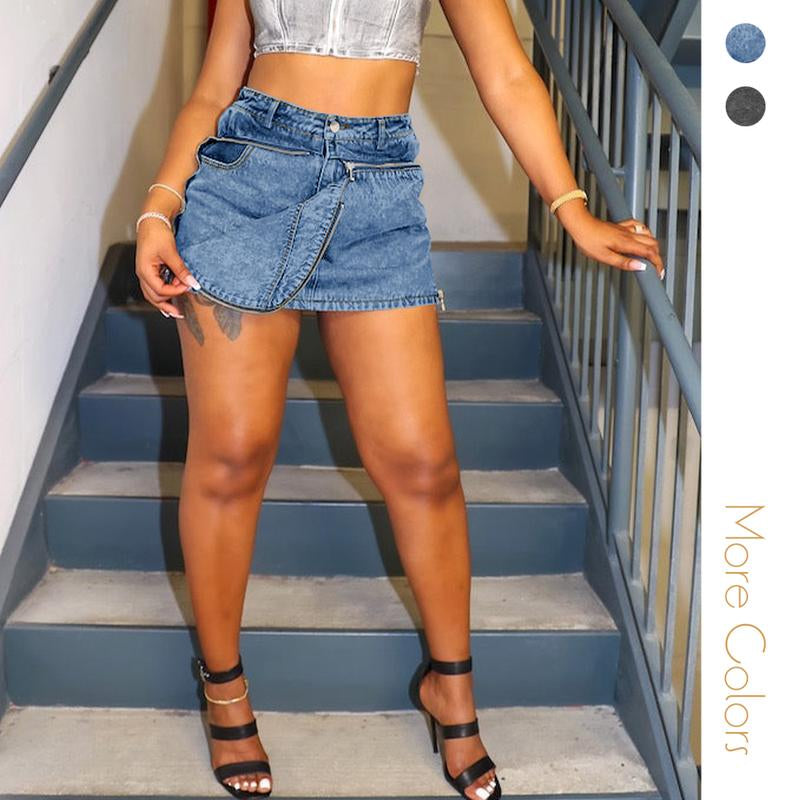 Women'S Casual Mini Denim Skirt Shorts Slim A-Line Zippered Patchwork Front Piece Denim Mini Skirt with High Waisted Stretchy Jean Shorts Skirts