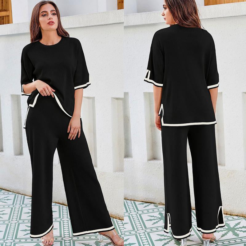 Naeduo Sweater Sets Women 2 Piece Lounge Sets Short Sleeve Knit Pullover Tops Wide Leg Pants