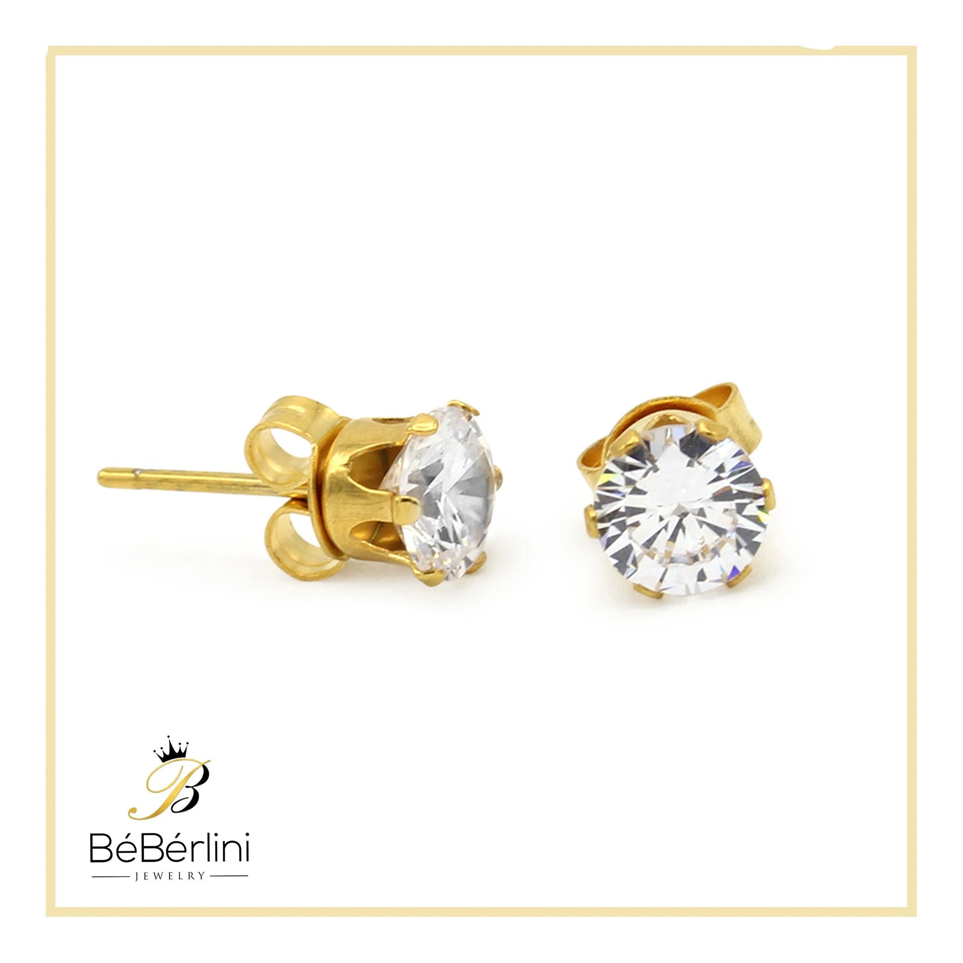 Men Stud Earrings CZ 14K Gold Plated Stainless Steel Jewelry round 6 Mm