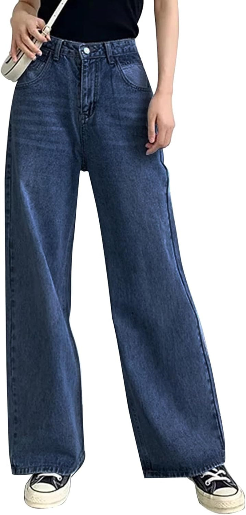 Baggy Wide Leg Jeans for Women High Waisted Trendy Flare Jeans Boyfriend Denim Pants with Patch Pockets