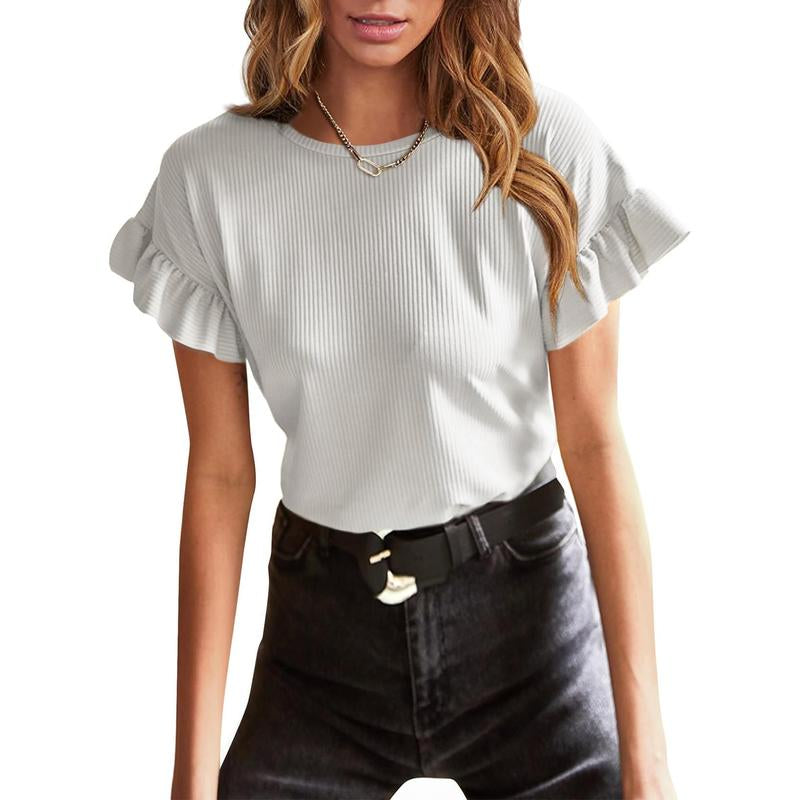 EVALESS Womens Short Sleeve Casual Camisole T Shirts Summer Ruffle Plain Crewneck Knitter Comfort Loose Fitted Basic Tee Tops Womenswear