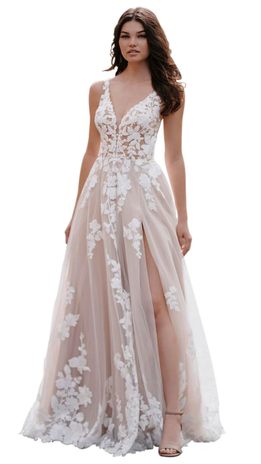 Loyeloy V Neck Beach Wedding Dresses for Women 2023 Boho A-Line Lace Slit Elegant Bridal Wedding Gowns for Bride Champagne 14
