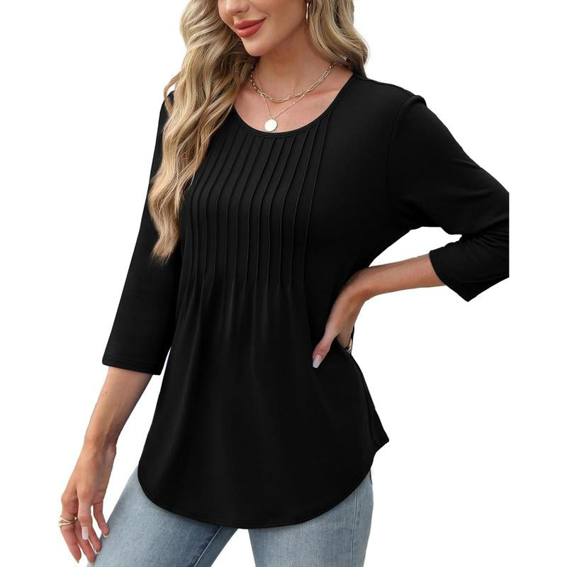 WIHOLL 3/4 Length Sleeve Womens Tops 2025 Crewneck Casual Pleated Tunic Tops Loose Fit Shirts Blouses Curved Hem