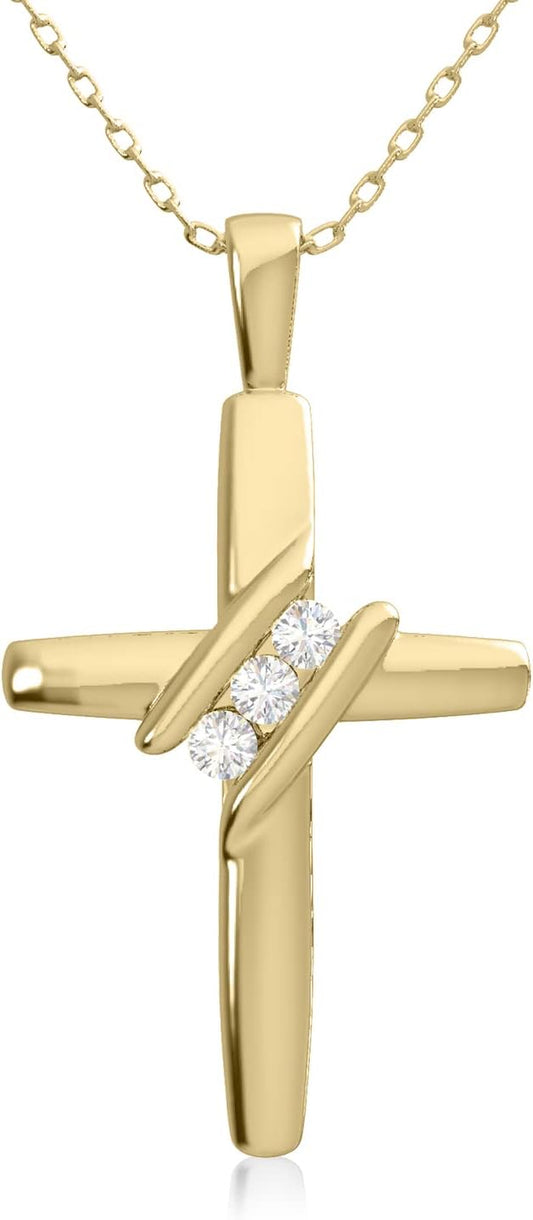 10K Diamond Three-Stone Cross Pendant Necklace Religious Jewelry (0.05Cttw, I-J/I2-I3) 18"