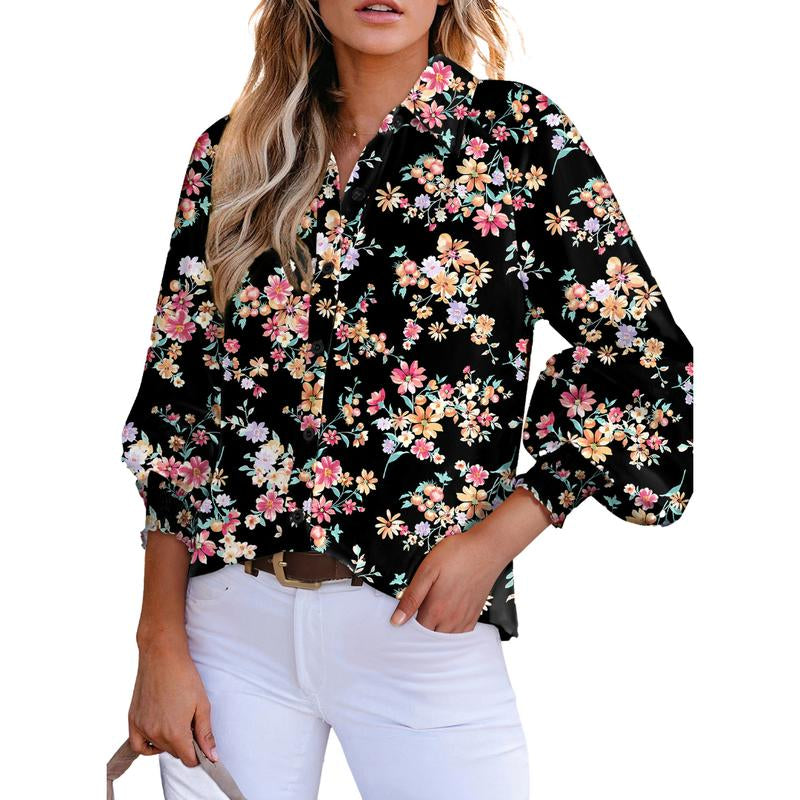 Dokotoo Women'S Casual V Neck Allover Floral Print Long Sleeve Chiffon Button down Blouses Bohemian Top Shirts