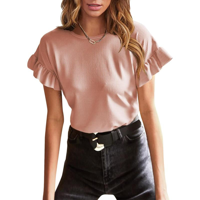 EVALESS Womens Short Sleeve Casual Camisole T Shirts Summer Ruffle Plain Crewneck Knitter Comfort Loose Fitted Basic Tee Tops Womenswear