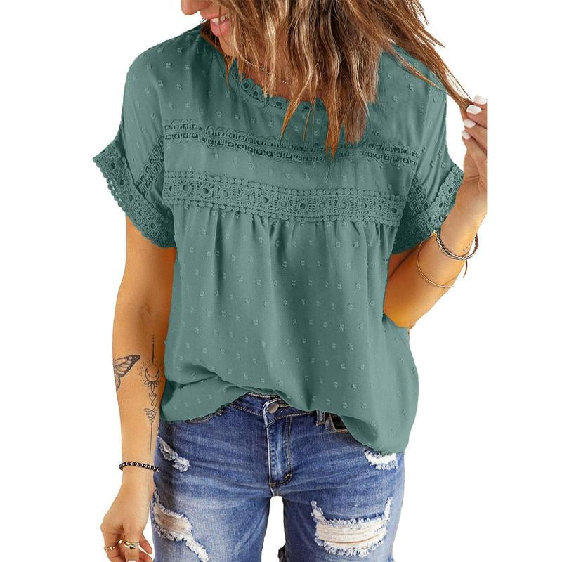 Dokotoo Womens Summer Tops Crewneck Lace Crochet Short Sleeve Shirts Casual Chiffon Blouses