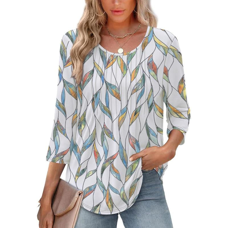 WIHOLL 3/4 Length Sleeve Womens Tops 2025 Crewneck Casual Pleated Tunic Tops Loose Fit Shirts Blouses Curved Hem