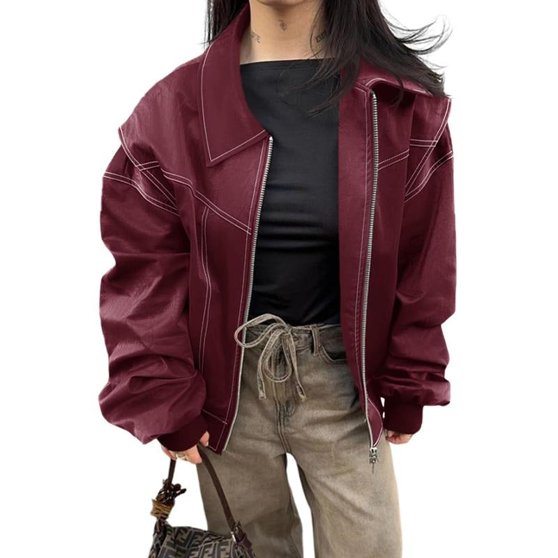 Goranbon Womens Oversized Leather Bomber Jackets Cap Sleeve Zip up Motorcycle Coats with Pockets
