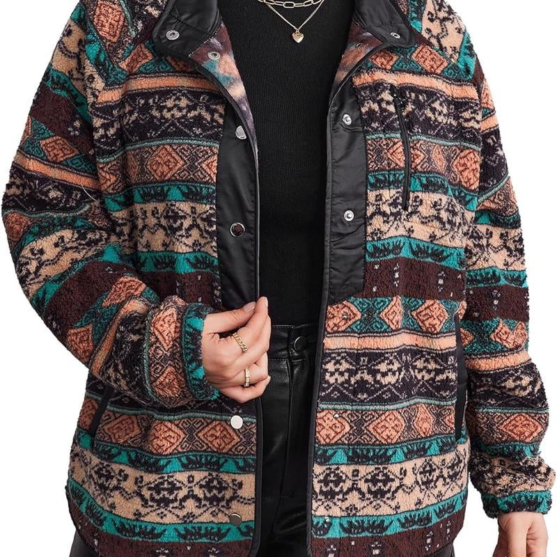 IN'VOLAND plus Size Womens Fleece Jacket Western Aztec Print Long Sleeve Snap Button down Shacket with Pockets