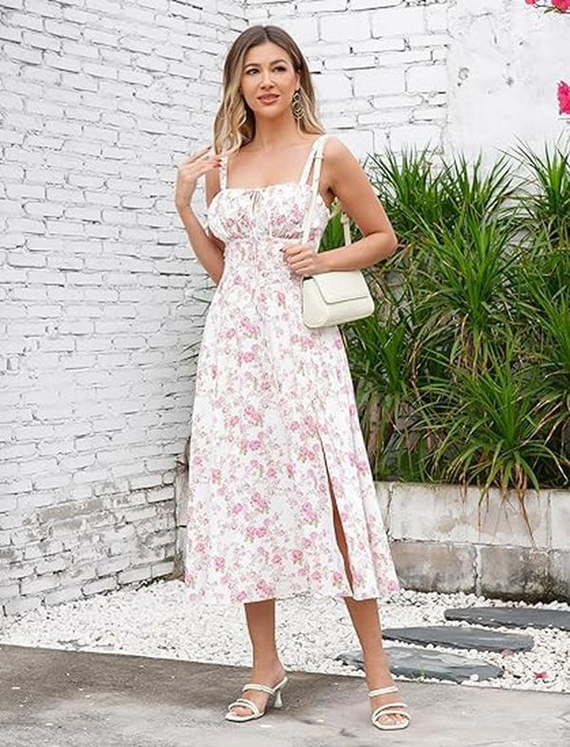 Women'S Floral Print Tie-Up Sleeveless Slit Thigh Dress, Casual Fashion Off-The-Shoulder A-Line Milkmaid Dress, Suitable for Spring and Summer, Beach Vacation